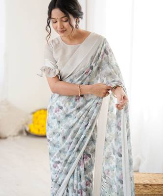 grey moss satin patta printed ethnic partywear saree 3