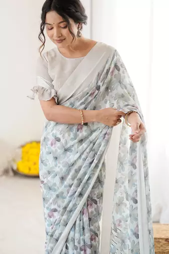 grey moss satin patta printed ethnic partywear saree