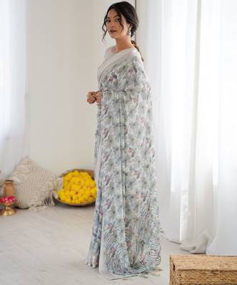 grey moss satin patta printed ethnic partywear saree 4