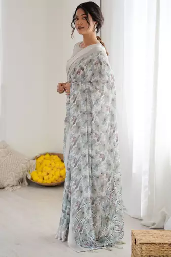 grey moss satin patta printed ethnic partywear saree