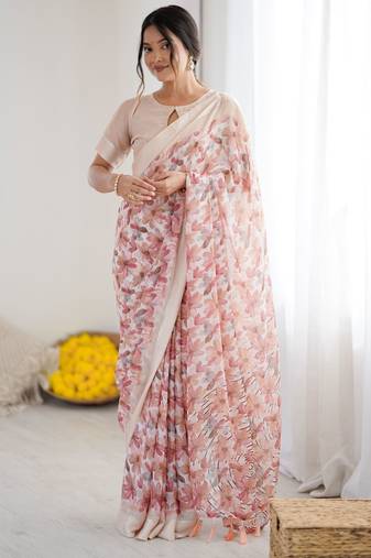 peach color moss satin patta fabric designer printed ethnic partywear saree