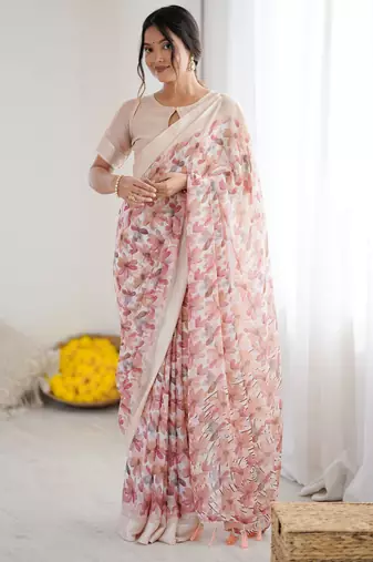 peach color moss satin patta fabric designer printed ethnic partywear saree