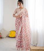 peach color moss satin patta fabric designer printed ethnic partywear saree