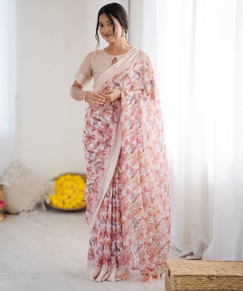peach color moss satin patta fabric designer printed ethnic partywear saree