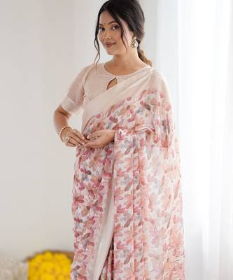 peach moss satin patta printed ethnic partywear saree 3