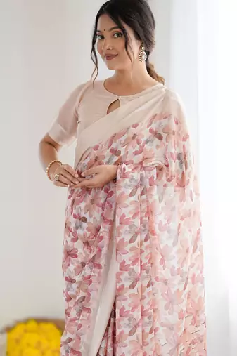 peach moss satin patta printed ethnic partywear saree