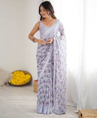 lavender moss satin patta printed ethnic partywear saree 1