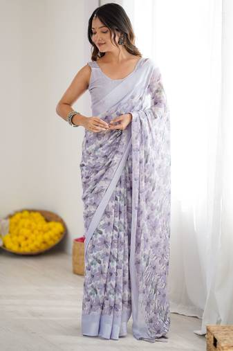 lavender color moss satin patta fabric designer printed ethnic partywear saree