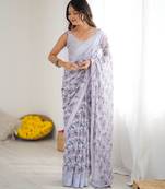 lavender color moss satin patta fabric designer printed ethnic partywear saree