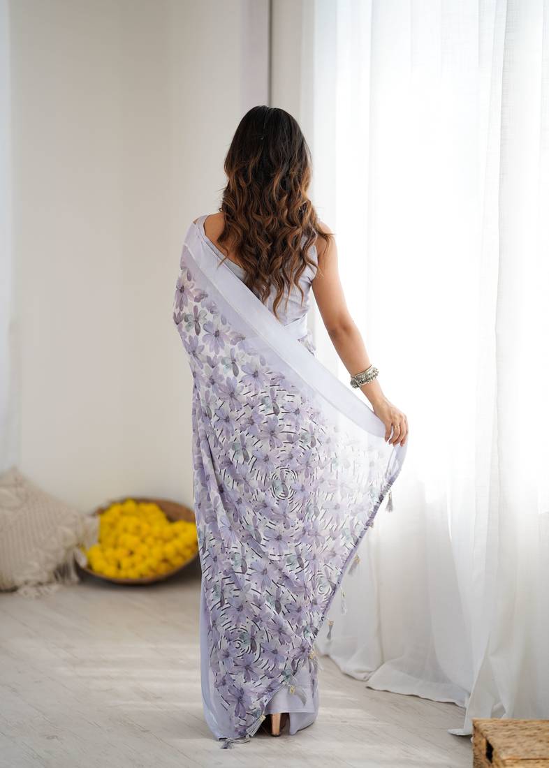 lavender color moss satin patta fabric designer printed ethnic partywear saree