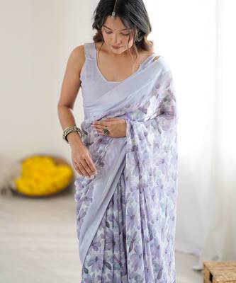 lavender moss satin patta printed ethnic partywear saree 3