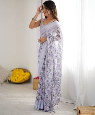 lavender moss satin patta printed ethnic partywear saree 4