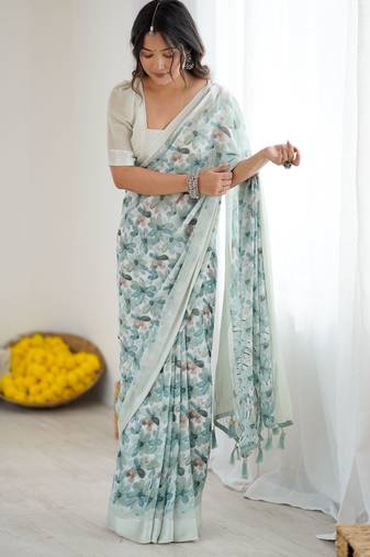 green color moss satin patta fabric designer printed ethnic partywear saree