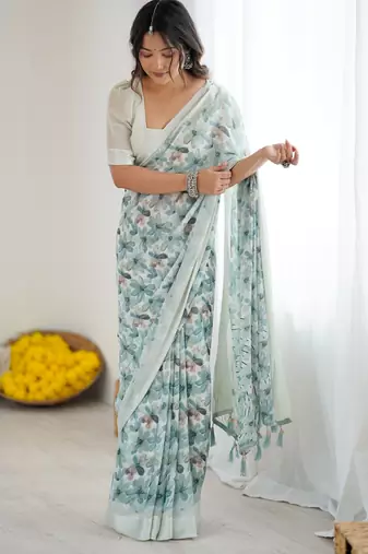 green color moss satin patta fabric designer printed ethnic partywear saree