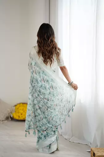 green moss satin patta printed ethnic partywear saree