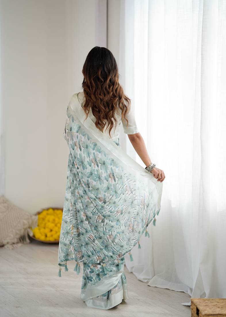 green color moss satin patta fabric designer printed ethnic partywear saree