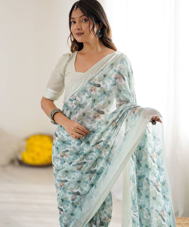 green color moss satin patta fabric designer printed ethnic partywear saree