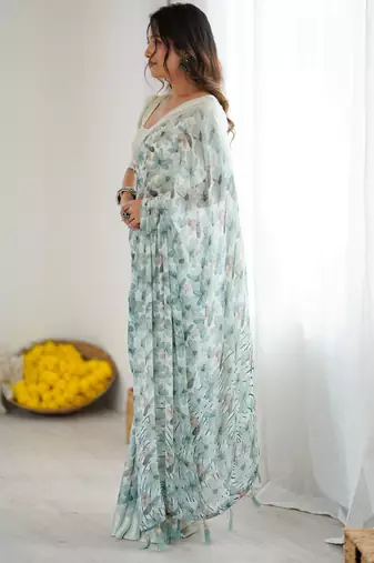 green moss satin patta printed ethnic partywear saree