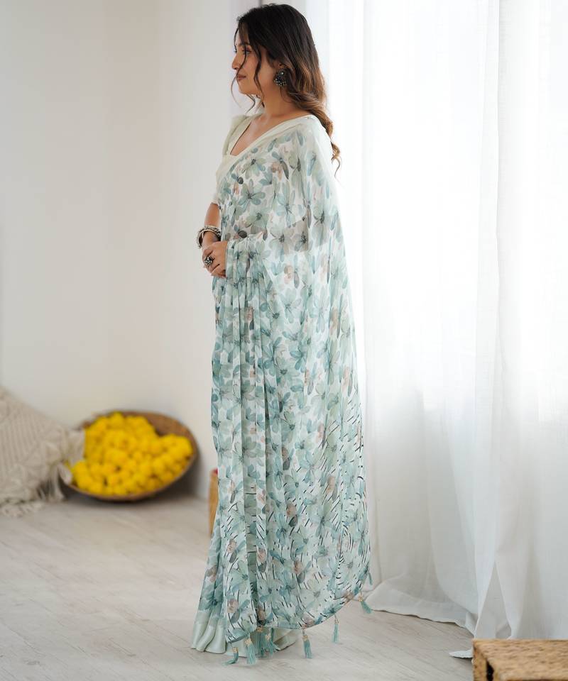 green color moss satin patta fabric designer printed ethnic partywear saree