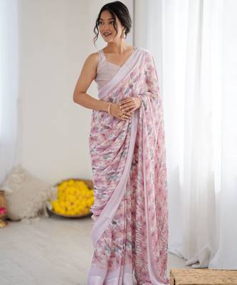 purple moss satin patta printed ethnic partywear saree 1