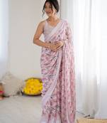 purple color moss satin patta fabric designer printed ethnic partywear saree