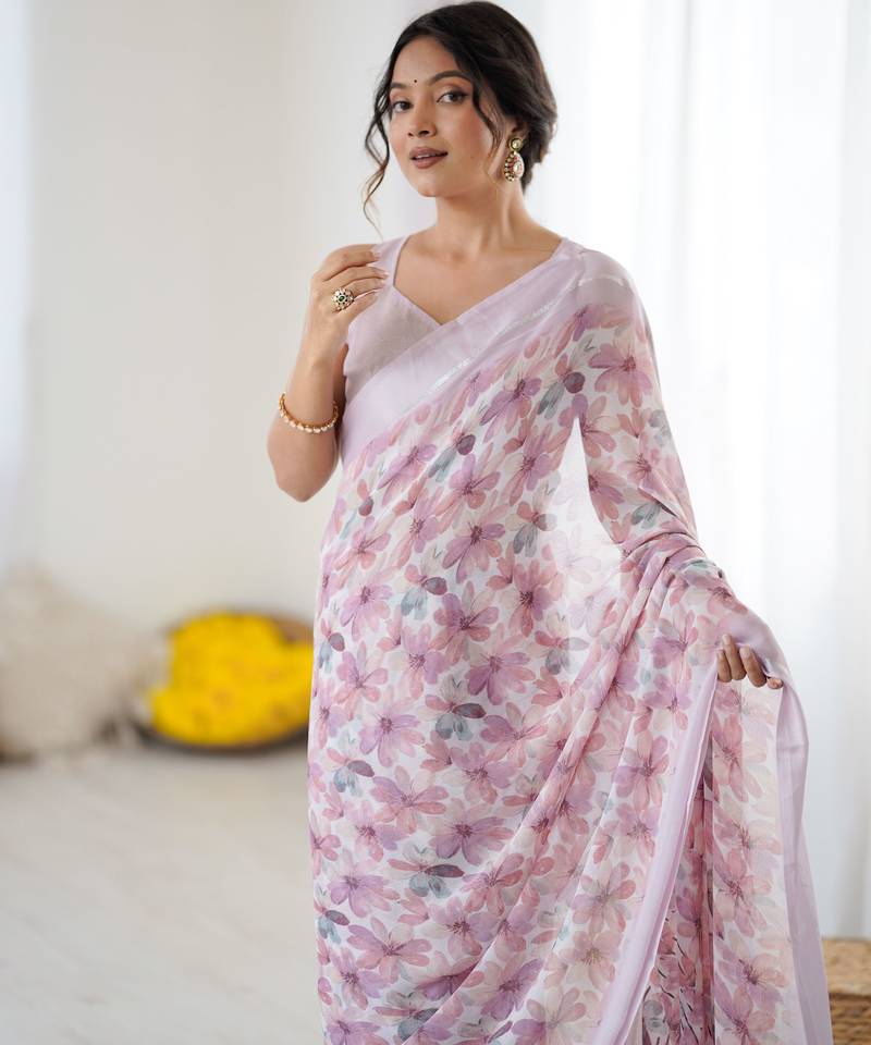 purple color moss satin patta fabric designer printed ethnic partywear saree