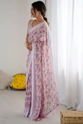 purple moss satin patta printed ethnic partywear saree
