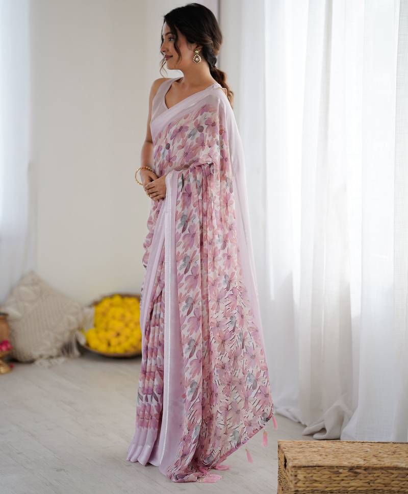 purple color moss satin patta fabric designer printed ethnic partywear saree