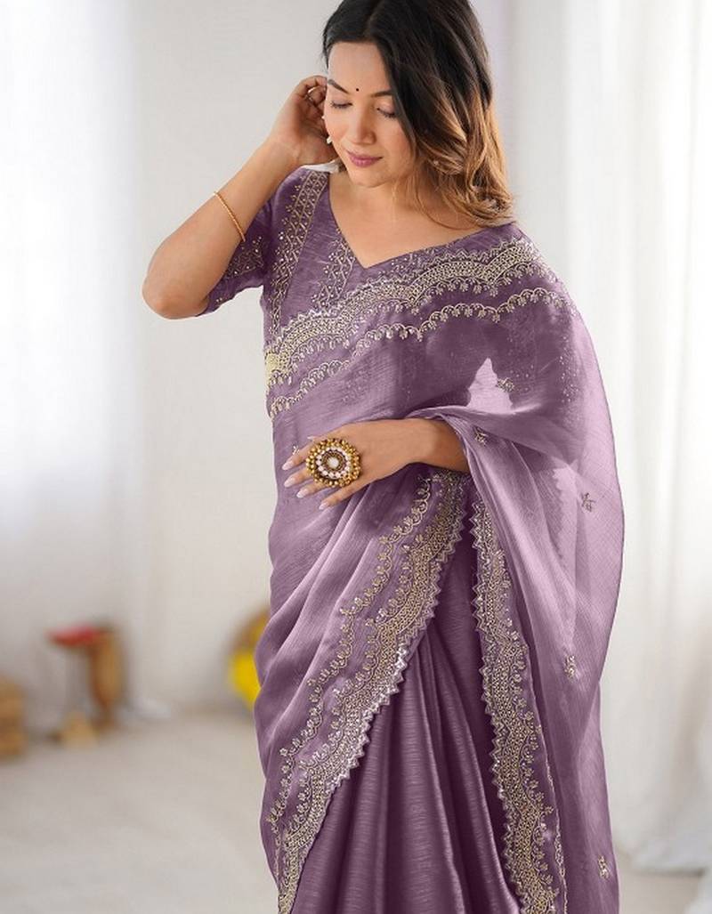 onion color burbery silk blend blend fabric designer embroidered saree for ceremonial looks