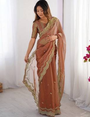 orange burbery silk blend blend embroidered saree ceremonial looks 1