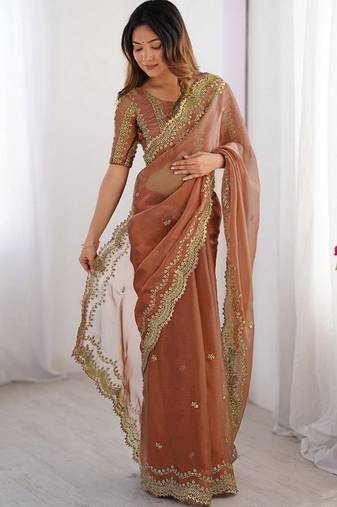 orange color burbery silk blend blend fabric designer embroidered saree for ceremonial looks
