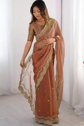 orange color burbery silk blend blend fabric designer embroidered saree for ceremonial looks