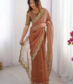 orange color burbery silk blend blend fabric designer embroidered saree for ceremonial looks