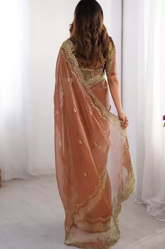 orange burbery silk blend blend embroidered saree ceremonial looks