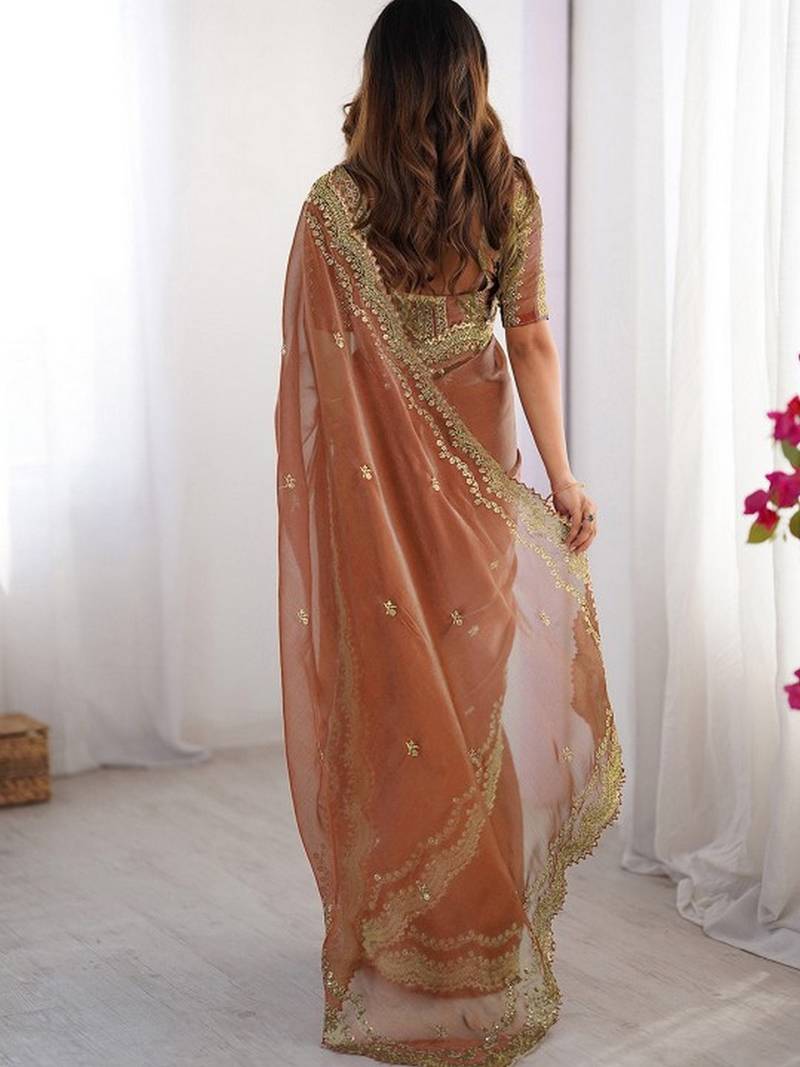 orange color burbery silk blend blend fabric designer embroidered saree for ceremonial looks