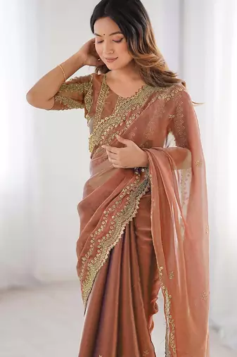 orange burbery silk blend blend embroidered saree ceremonial looks