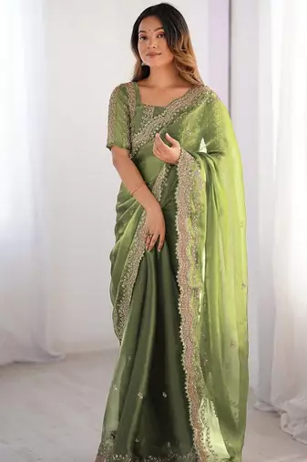 green color burbery silk blend blend fabric designer embroidered saree for ceremonial looks