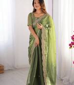 green color burbery silk blend blend fabric designer embroidered saree for ceremonial looks