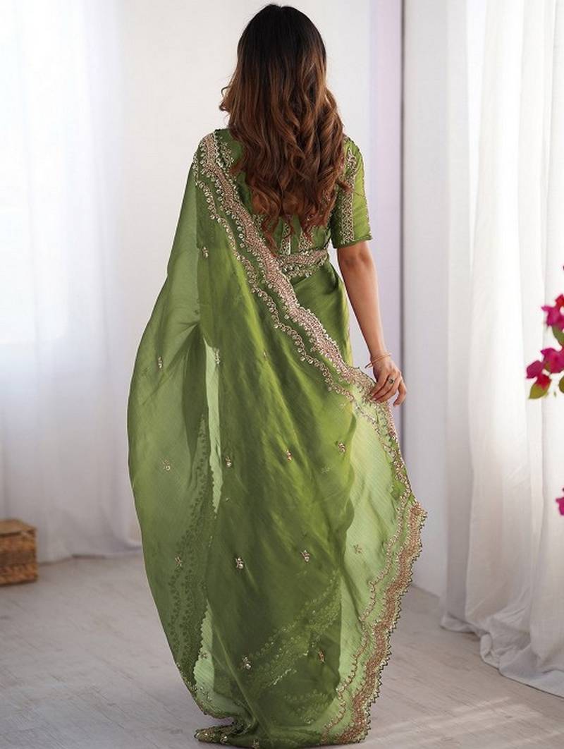 green color burbery silk blend blend fabric designer embroidered saree for ceremonial looks