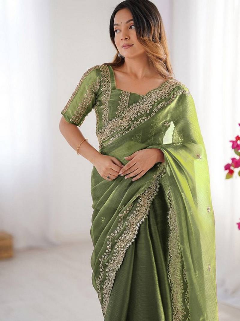 green color burbery silk blend blend fabric designer embroidered saree for ceremonial looks