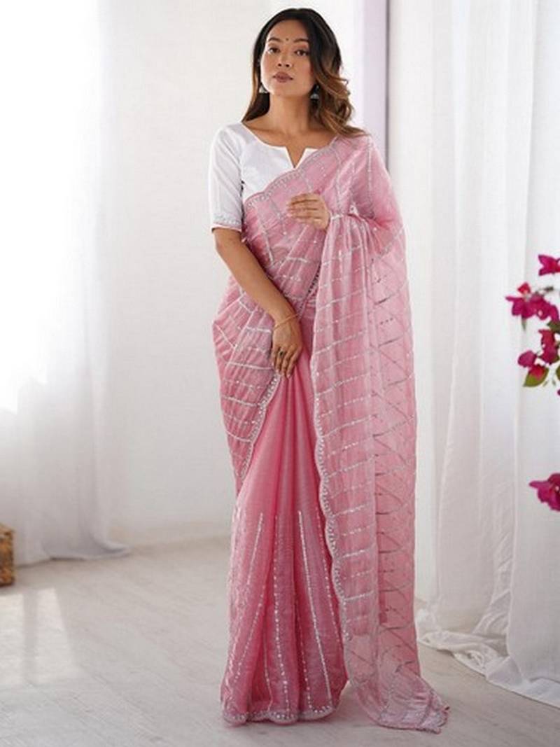 pink color zimmy choo fabric designer embroidered saree for ceremonial looks