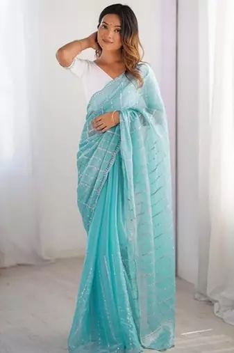 sky blue color zimmy choo fabric embroidered saree for ceremonial looks