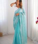 sky blue color zimmy choo fabric designer embroidered saree for ceremonial looks