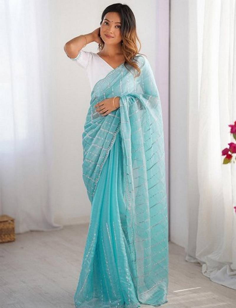 sky blue color zimmy choo fabric designer embroidered saree for ceremonial looks