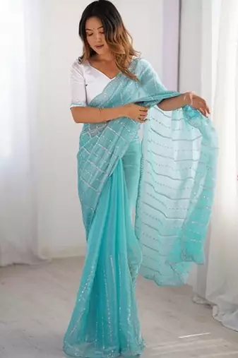 sky blue zimmy choo embroidered saree ceremonial looks
