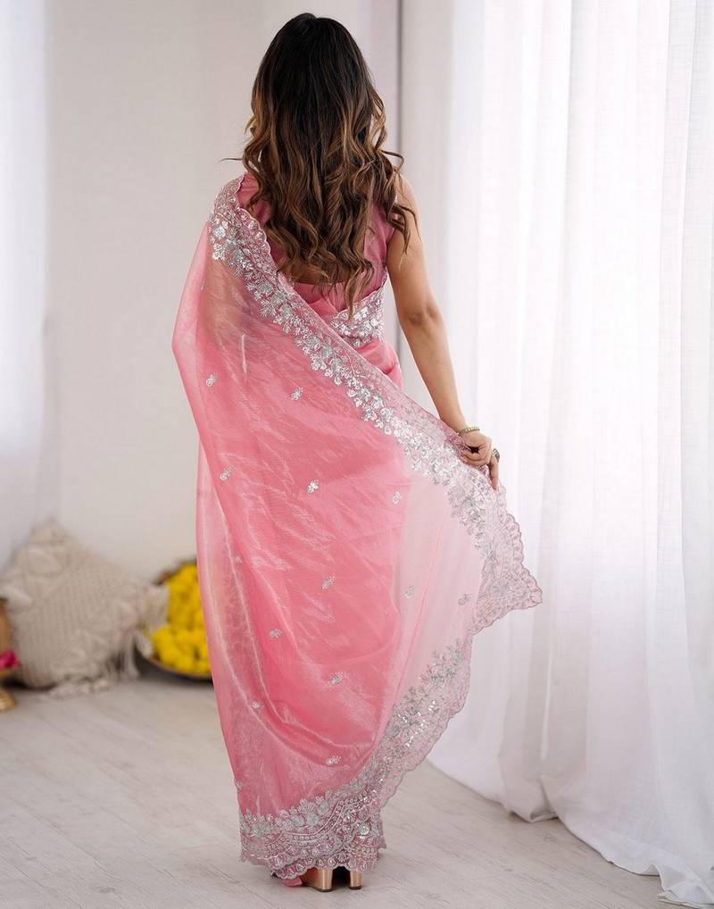 pink color art silk blend blend fabric designer embroidered saree for ceremonial looks