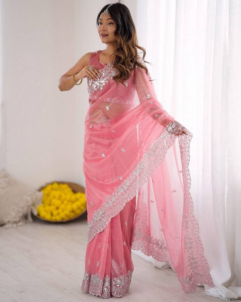 pink color art silk blend blend fabric designer embroidered saree for ceremonial looks