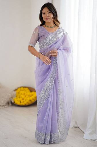 lavender color art silk blend blend fabric designer embroidered saree for ceremonial looks
