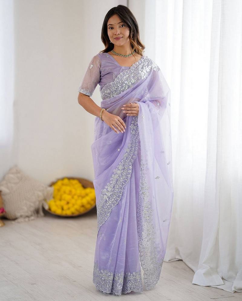 lavender color art silk blend blend fabric designer embroidered saree for ceremonial looks