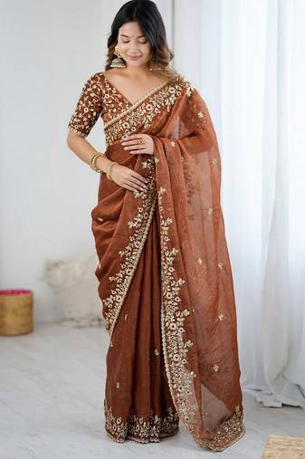 coffee color fendy chiffon fabric designer embroidered saree for ceremonial looks